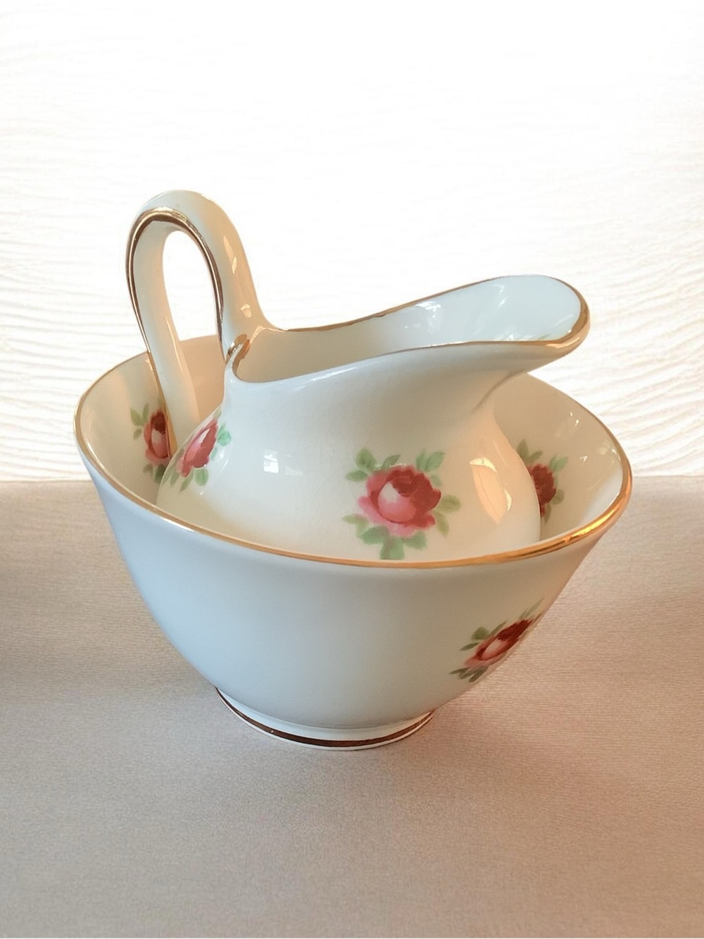 Vintage Porcelain Creamer and Sugar Set with Pink Rose Motif and Gold Trim